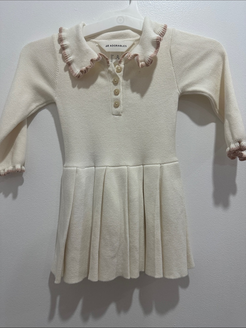 Adorables Cream Knit Pleated Kids Dress Top with Pink-Trim Collar